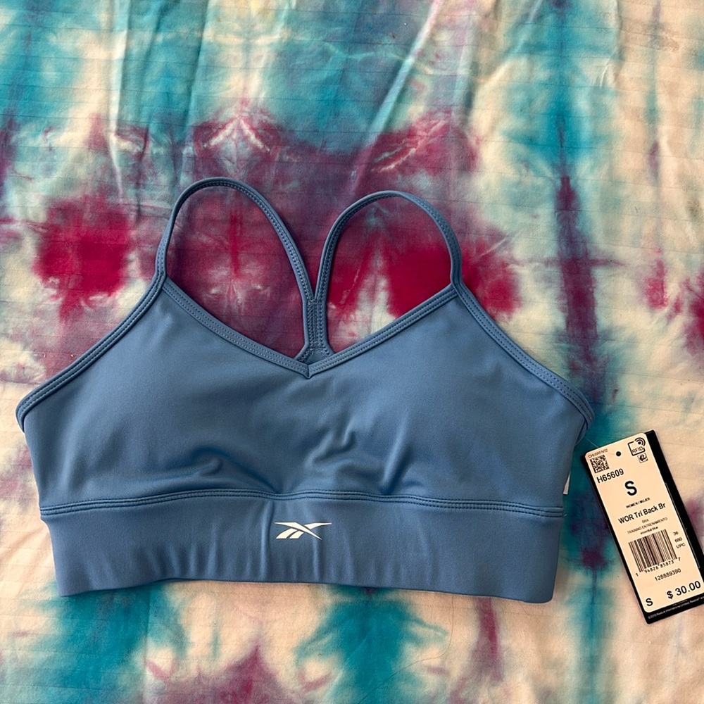 Reebok Womens Workout Ready Tri Back Sports Bra, light blue small